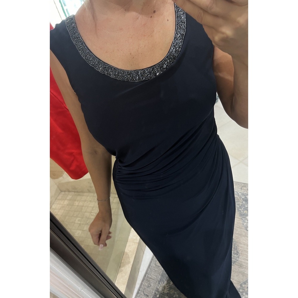 Lauren Ralph Lauren Evening Sleeveless Draped Gown Blue Beaded Jersey Dress 8